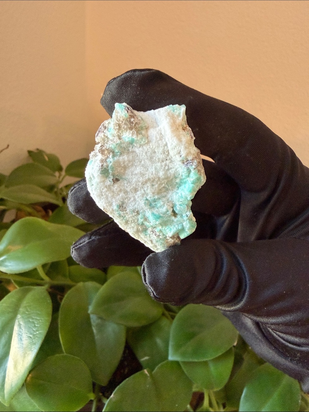 Raw Amazonite crystal with smoky quartz inclusions